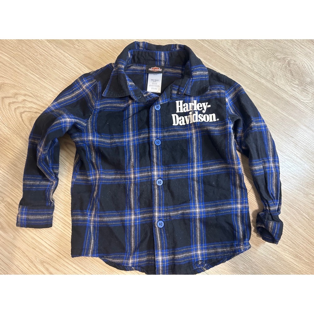 Harley Davidson Toddler 2T/3T Blue Black Plaid Flannel Button Down Shirt Logo